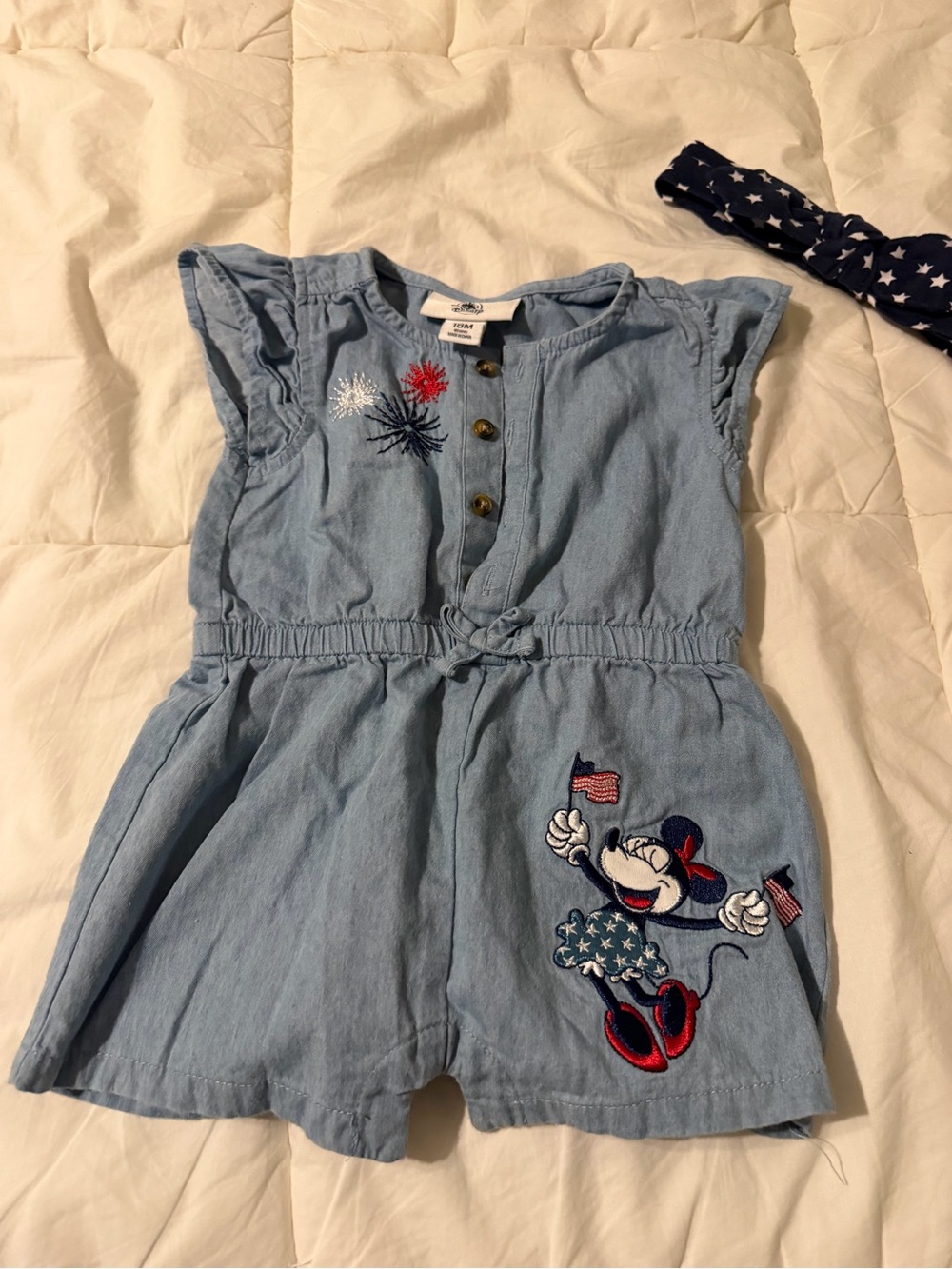 Disney Light Blue Denim Romper with Red, Navy & White Embroidery